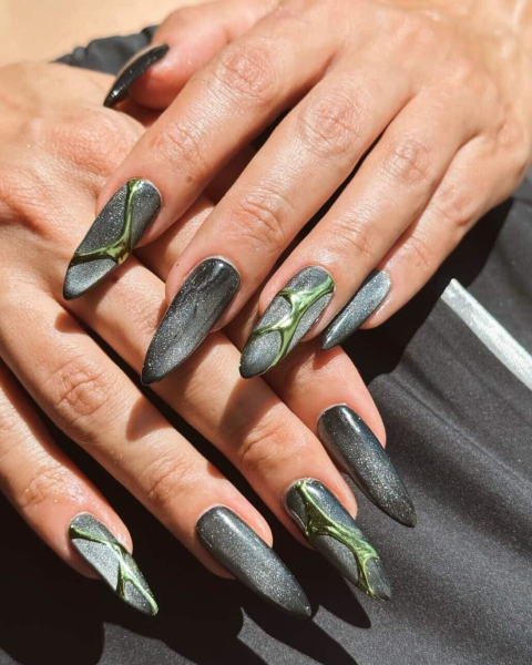 Gray and green Chrome Velvet nails